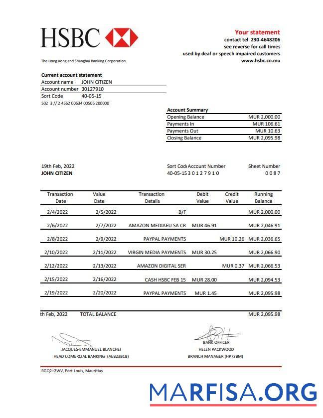 Realistic Mauritius HSBC bank statement excel real example